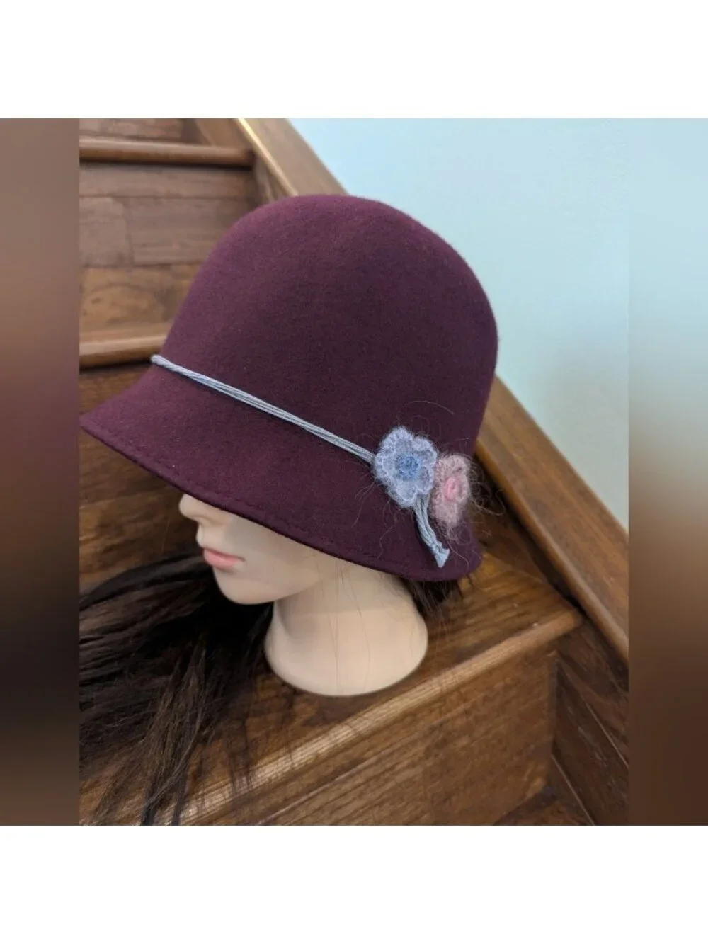 Vintage Hat Tristan Wool Felt Burgundy Cloche Hat with Floral Cashmere Accents